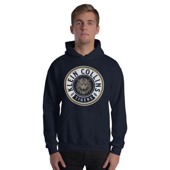 Man wearing a Klein Collins High School Tigers Navy Classic Unisex Hoodie 208