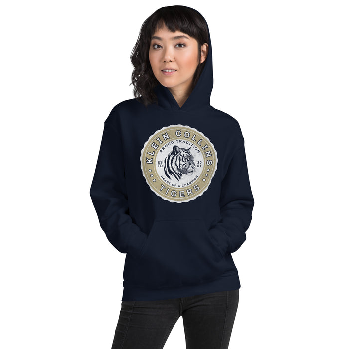 Woman wearing a Klein Collins High School Tigers Navy Classic Unisex Hoodie 209