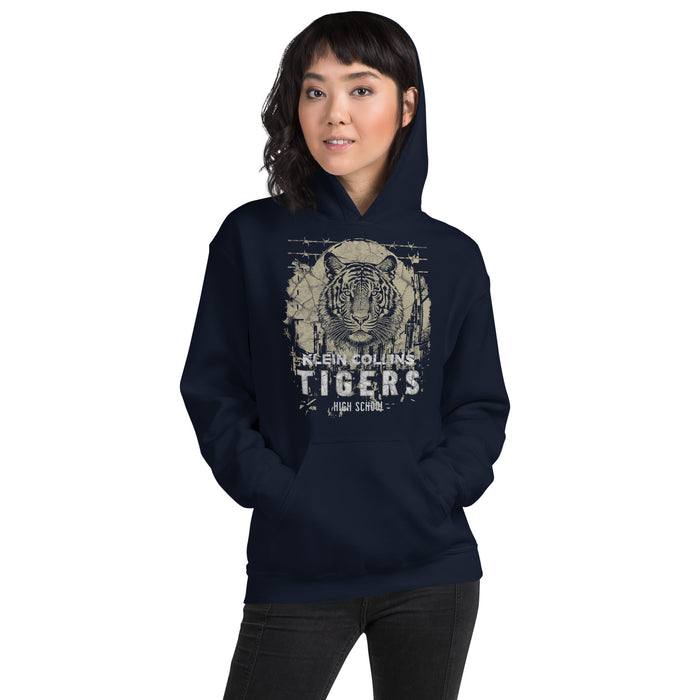 Woman wearing a Klein Collins High School Tigers Navy Classic Unisex Hoodie 211