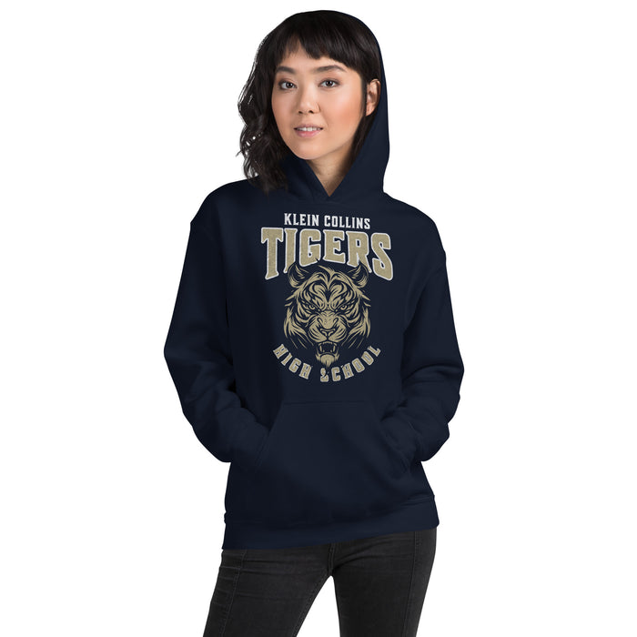 Woman wearing a Klein Collins High School Tigers Navy Classic Unisex Hoodie 212