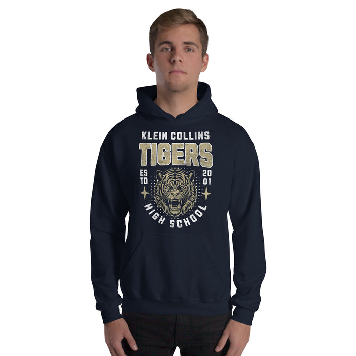 Man wearing a Klein Collins High School Tigers Navy Classic Unisex Hoodie 213