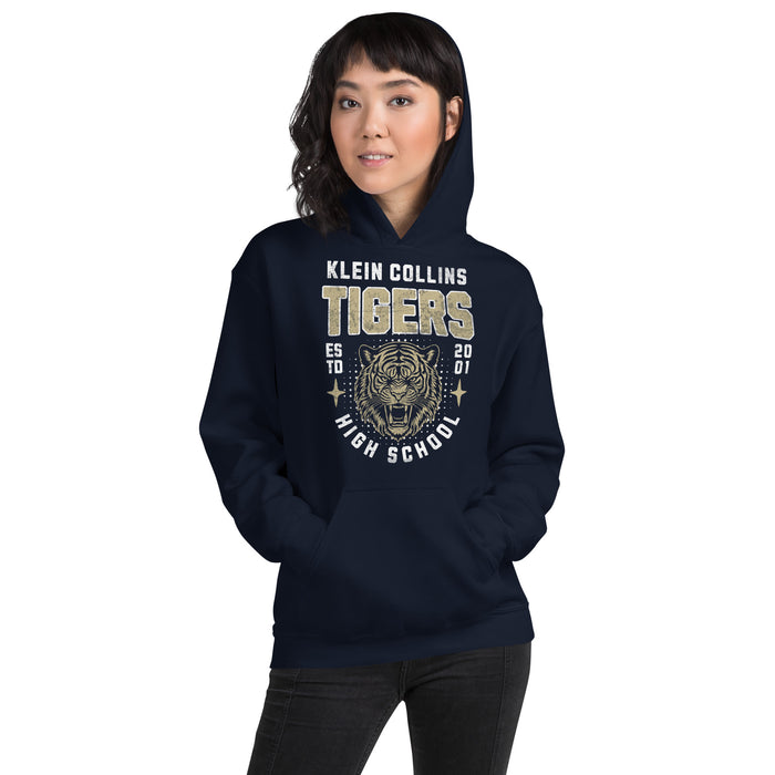 Woman wearing a Klein Collins High School Tigers Navy Classic Unisex Hoodie 213