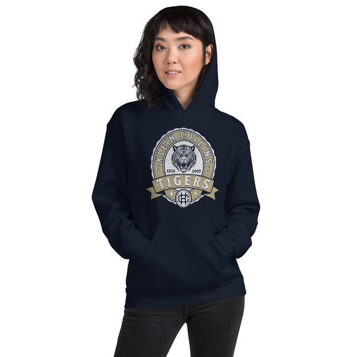 Woman wearing a Klein Collins High School Tigers Navy Classic Unisex Hoodie 215