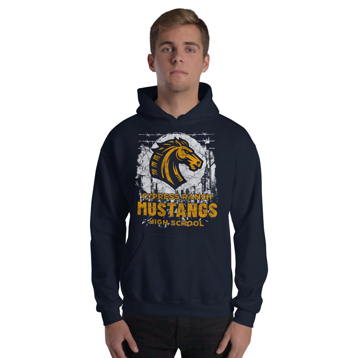 Man wearing Cypress Ranch High School Mustangs Navy Classic Unisex Hoodie 203