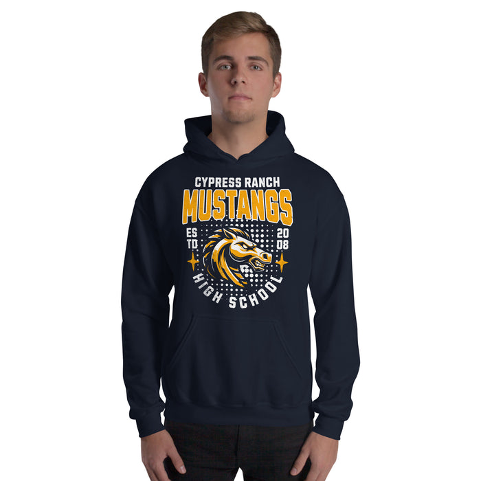 Man wearing Cypress Ranch High School Mustangs Navy Classic Unisex Hoodie 205