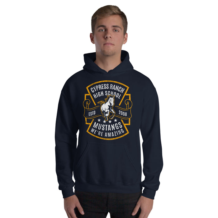 Man wearing Cypress Ranch High School Mustangs Navy Classic Unisex Hoodie 208