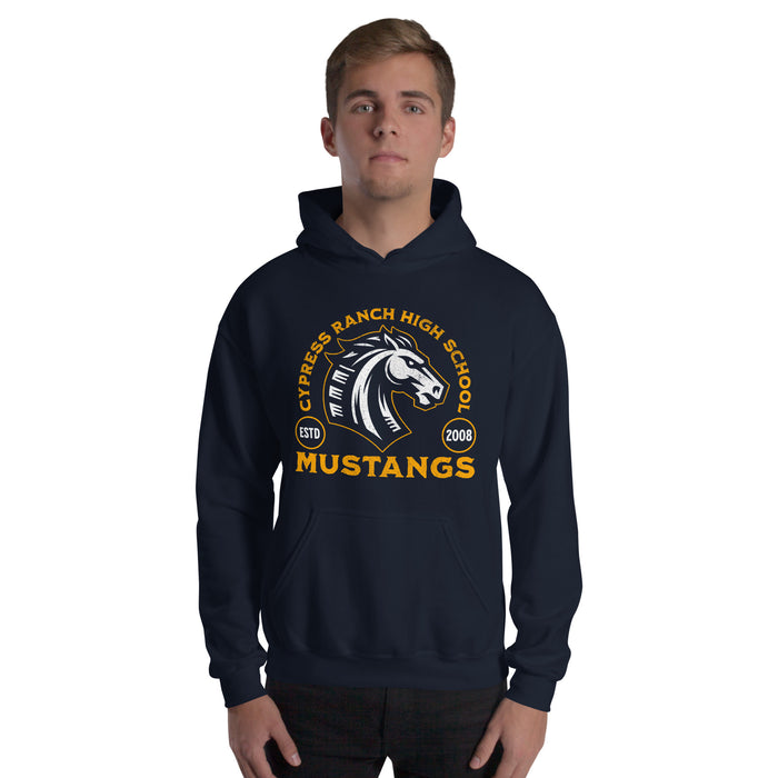 Man wearing Cypress Ranch High School Mustangs Navy Classic Unisex Hoodie 209