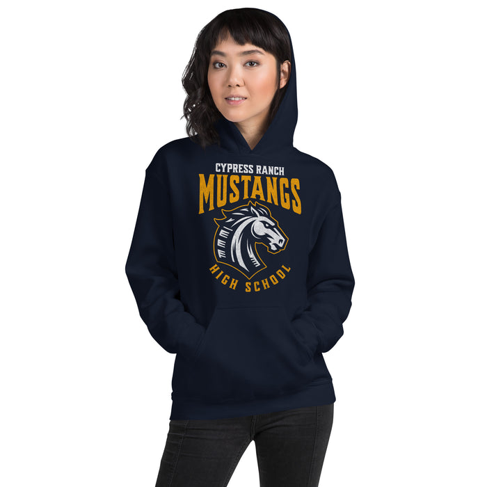 Woman wearing Cypress Ranch High School Mustangs Navy Classic Unisex Hoodie 214