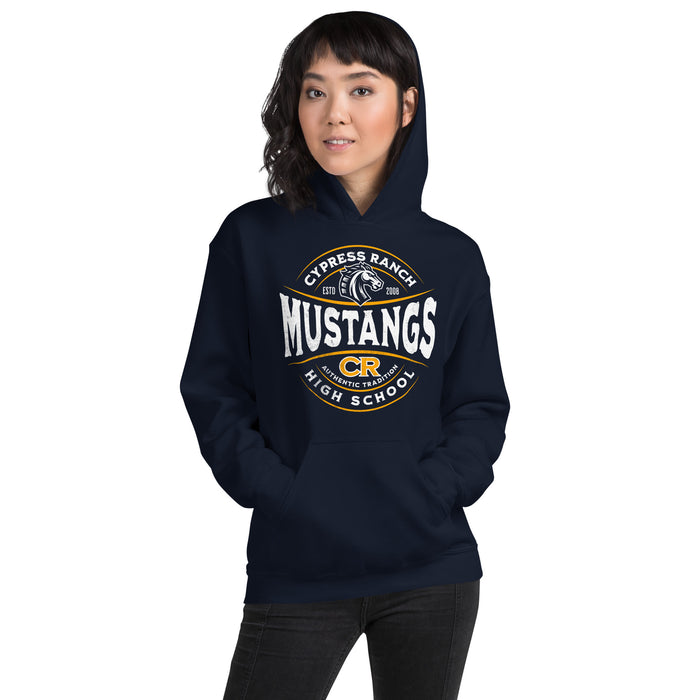 Woman wearing Cypress Ranch High School Mustangs Navy Classic Unisex Hoodie 219