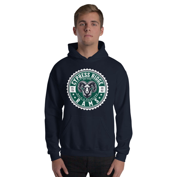 Man wearing Cypress Ridge High School Rams Navy Classic Unisex Hoodie 203