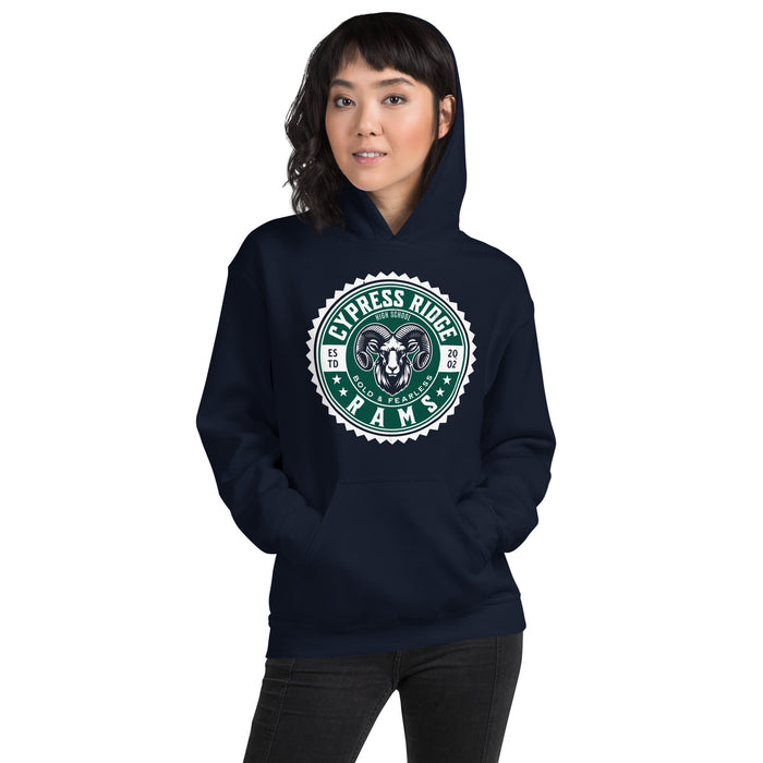 Woman wearing Cypress Ridge High School Rams Navy Classic Unisex Hoodie 203