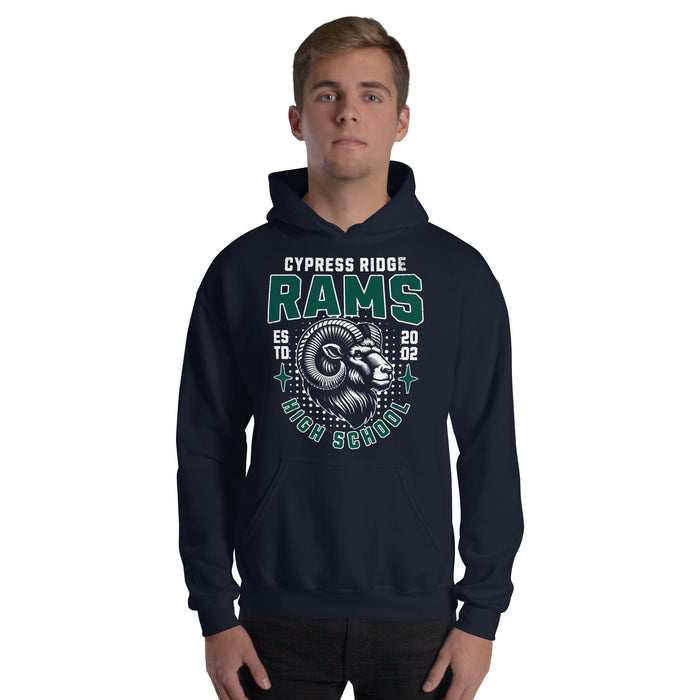 Man wearing Cypress Ridge High School Rams Navy Classic Unisex Hoodie 204