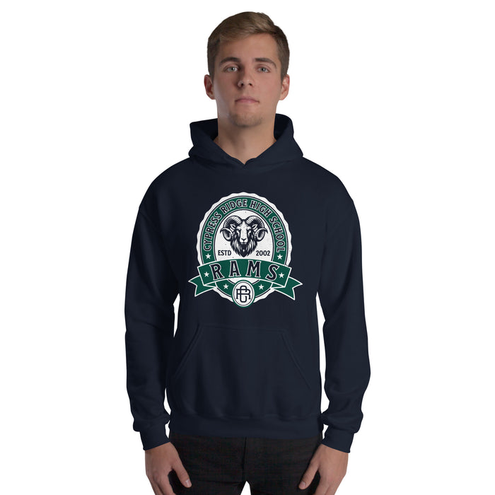 Man wearing Cypress Ridge High School Rams Navy Classic Unisex Hoodie 212