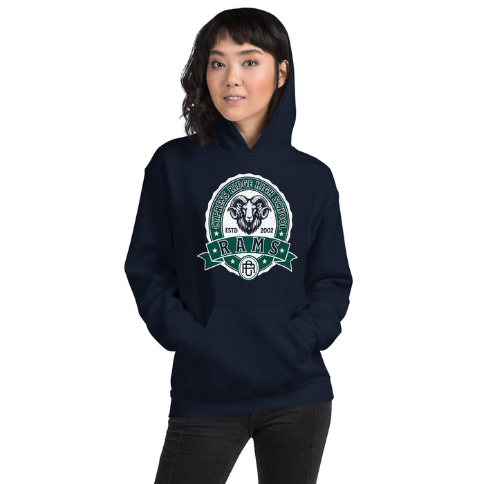 Woman wearing Cypress Ridge High School Rams Navy Classic Unisex Hoodie 212