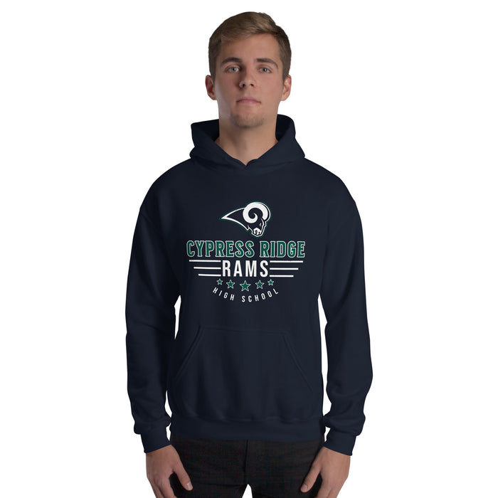 Man wearing Cypress Ridge High School Rams Navy Classic Unisex Hoodie 217