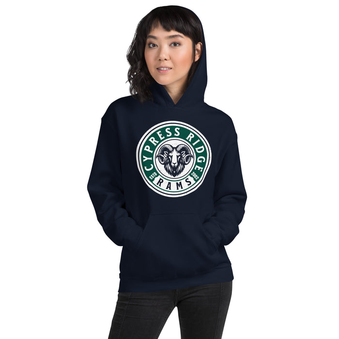 Woman wearing Cypress Ridge High School Rams Navy Classic Unisex Hoodie 220