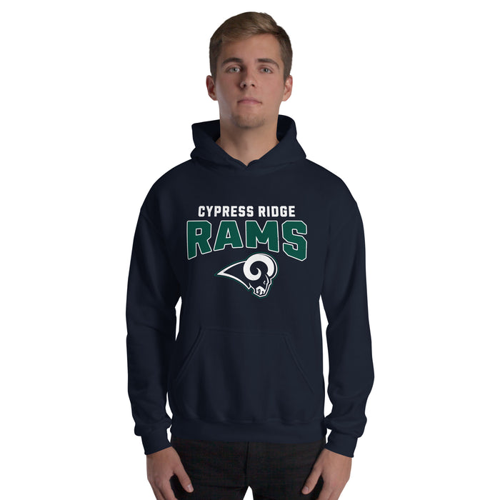 Man wearing Cypress Ridge High School Rams Navy Classic Unisex Hoodie 221