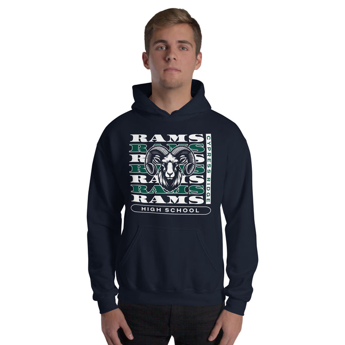 Man wearing Cypress Ridge High School Rams Navy Classic Unisex Hoodie 223