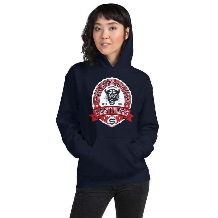 Woman wearing Cypress Springs High School Panthers Navy Classic Unisex Hoodie 212