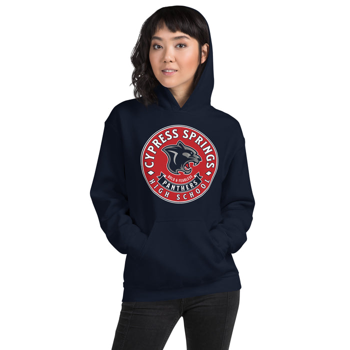 Woman wearing Cypress Springs High School Panthers Navy Classic Unisex Hoodie 215 