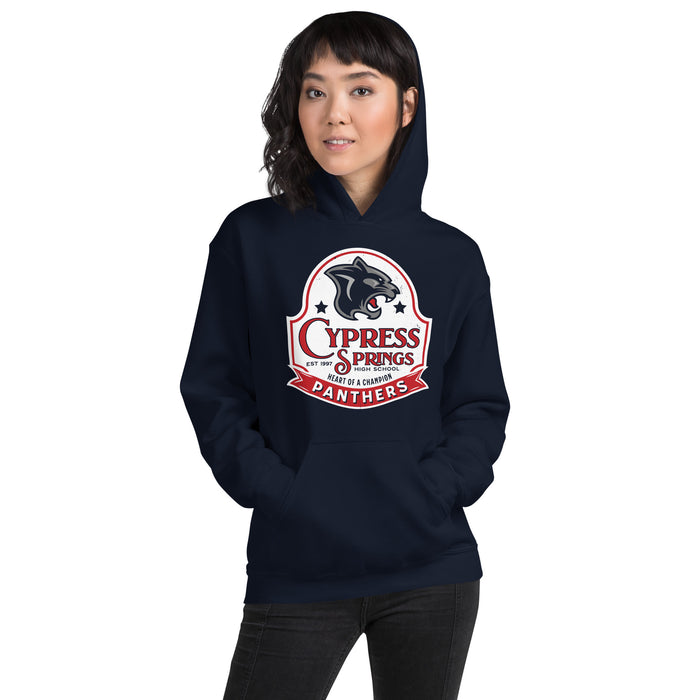 Woman wearing Cypress Springs High School Panthers Navy Classic Unisex Hoodie 219 