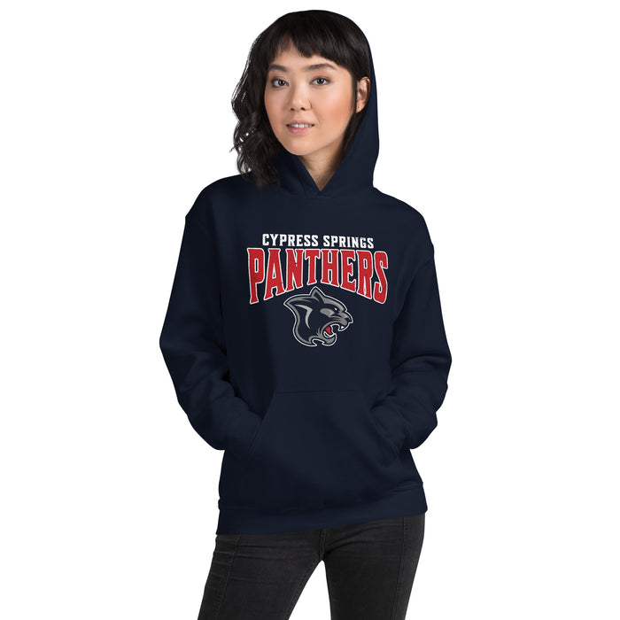 Woman wearing Cypress Springs High School Panthers Navy Classic Unisex Hoodie 222