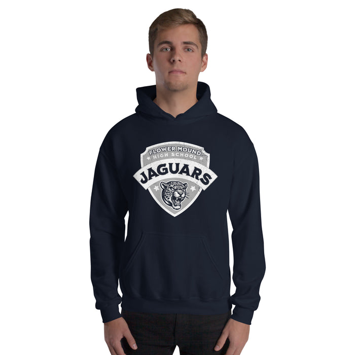 Man wearing Flower Mound High School Jaguars Navy Blue Classic Unisex Hoodie 221