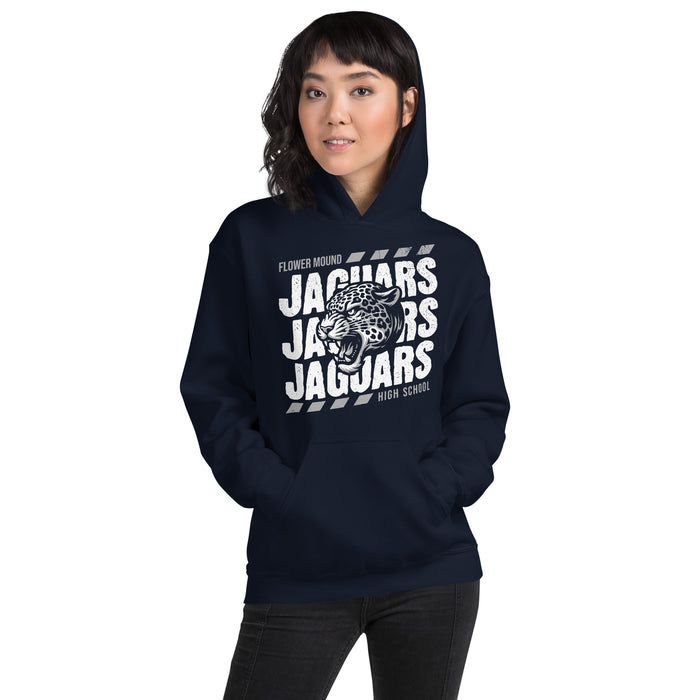 Woman wearing Flower Mound High School Jaguars Navy Blue Classic Unisex Hoodie 223