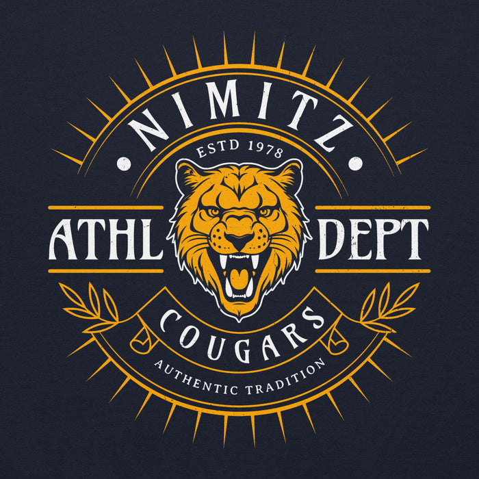 Close-up view of Nimitz High School Cougars Navy Blue Classic Unisex Hoodie 201