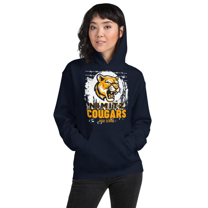 Woman wearing Nimitz High School Cougars Navy Blue Classic Unisex Hoodie 202