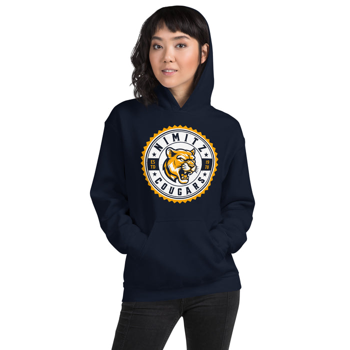 Woman wearing Nimitz High School Cougars Navy Blue Classic Unisex Hoodie 203