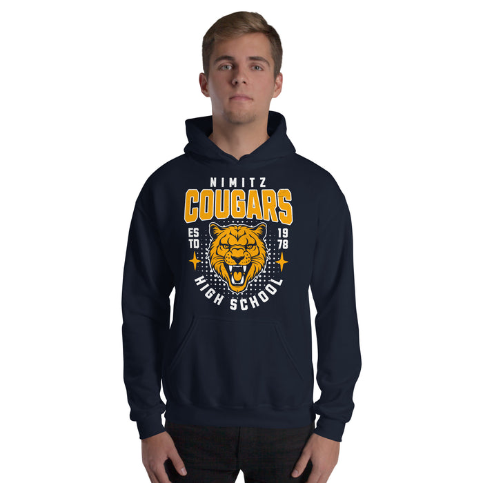 Man wearing Nimitz High School Cougars Navy Blue Classic Unisex Hoodie 204