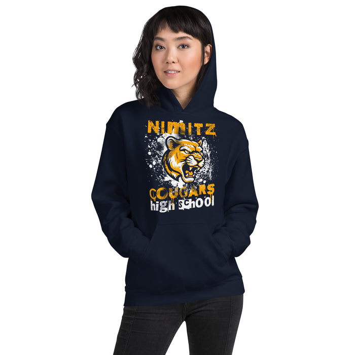 Woman wearing Nimitz High School Cougars Navy Blue Classic Unisex Hoodie 205