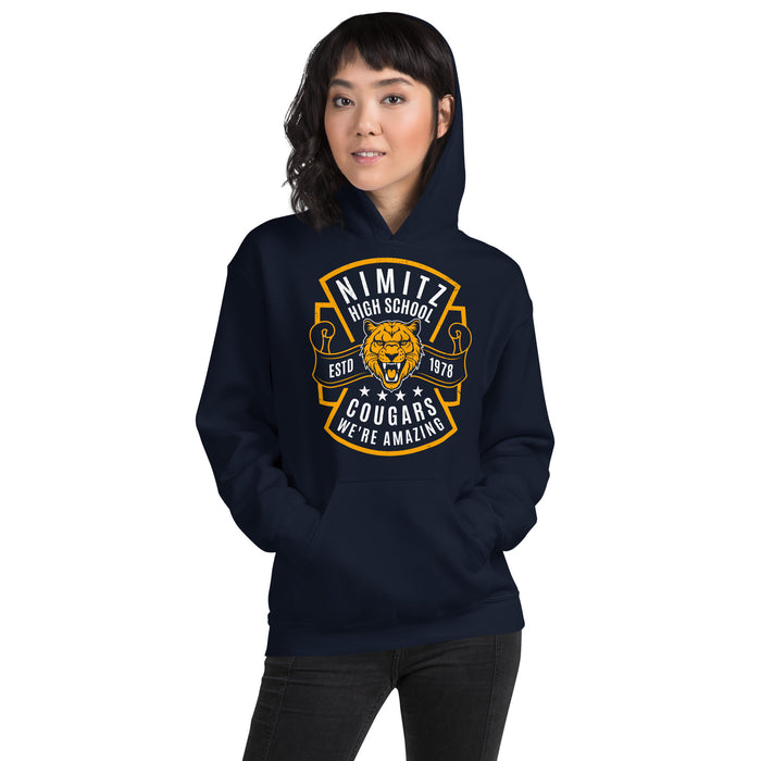 Woman wearing Nimitz High School Cougars Navy Blue Classic Unisex Hoodie 207