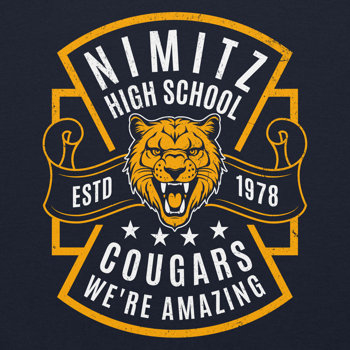 Close-up view of Nimitz High School Cougars Navy Blue Classic Unisex Hoodie 207