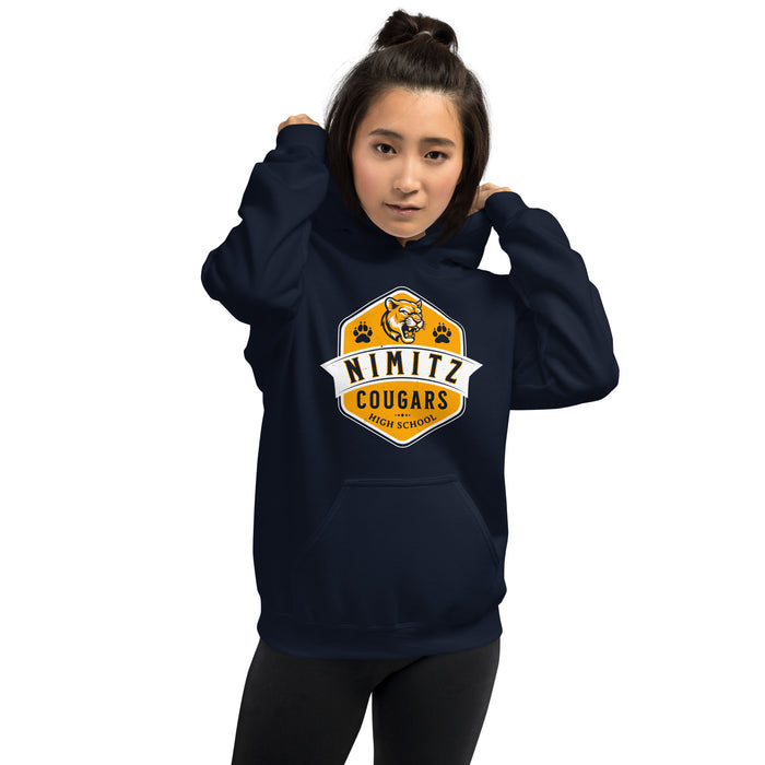 Woman wearing Nimitz High School Cougars Navy Blue Classic Unisex Hoodie 209