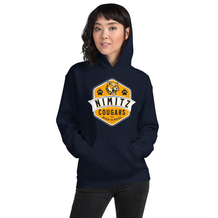 Woman wearing Nimitz High School Cougars Navy Blue Classic Unisex Hoodie 209