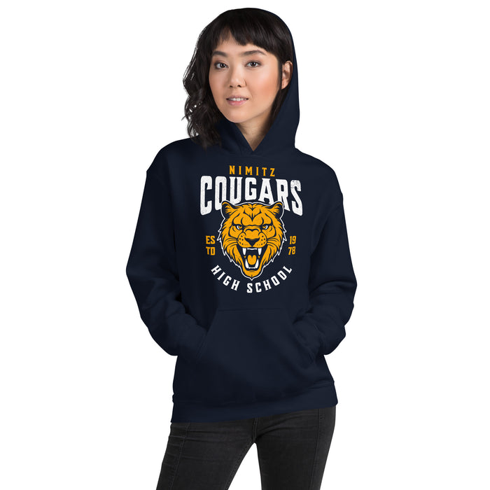 Woman wearing Nimitz High School Cougars Navy Blue Classic Unisex Hoodie 213