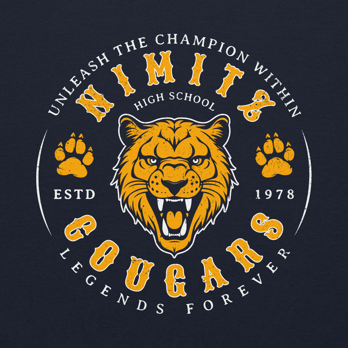 Close-up view of Nimitz High School Cougars Navy Blue Classic Unisex Hoodie 214