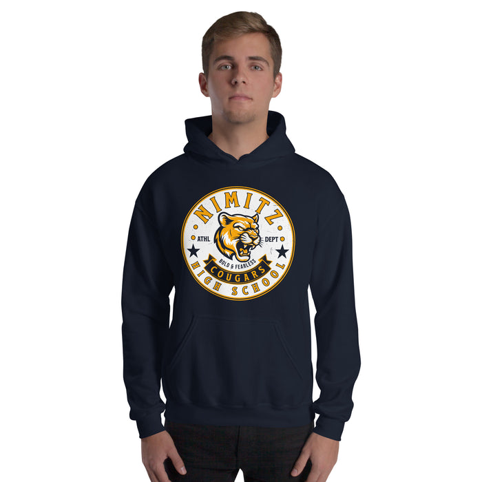 Man wearing Nimitz High School Cougars Navy Blue Classic Unisex Hoodie 215