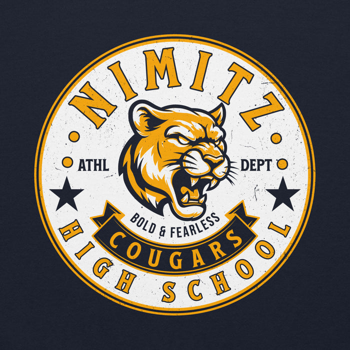 Close-up view of Nimitz High School Cougars Navy Blue Classic Unisex Hoodie 215