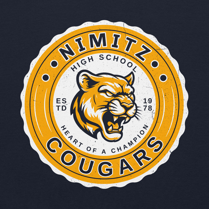 Close-up view of Nimitz High School Cougars Navy Blue Classic Unisex Hoodie 216