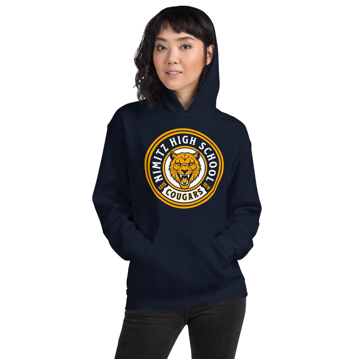 Woman wearing Nimitz High School Cougars Navy Blue Classic Unisex Hoodie 220