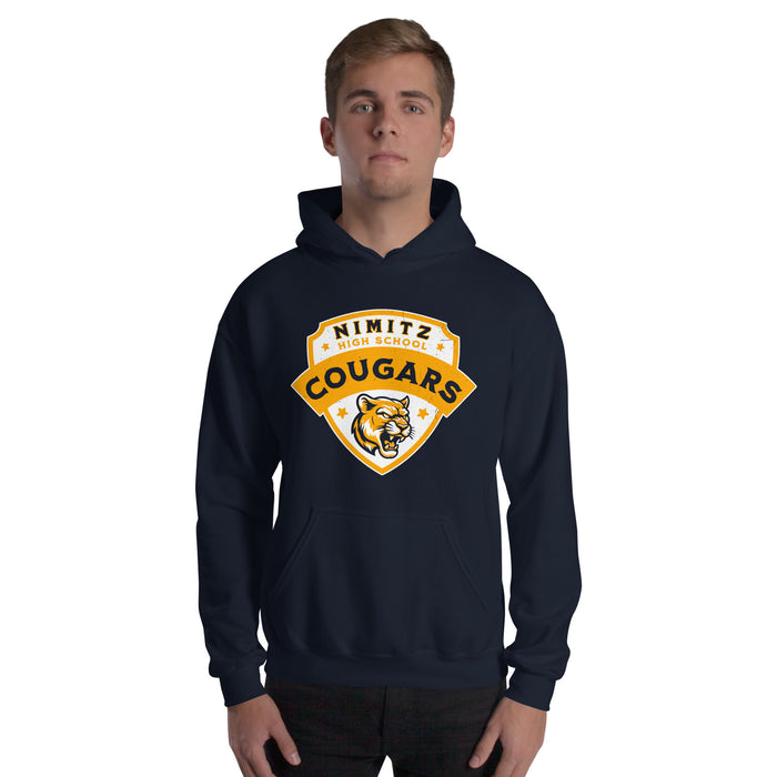 Man wearing Nimitz High School Cougars Navy Blue Classic Unisex Hoodie 221