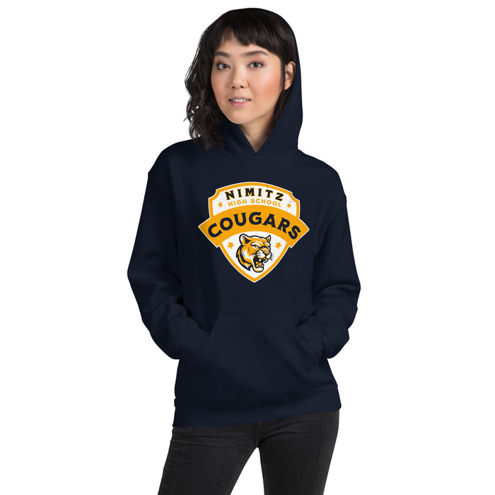 Woman wearing Nimitz High School Cougars Navy Blue Classic Unisex Hoodie 221