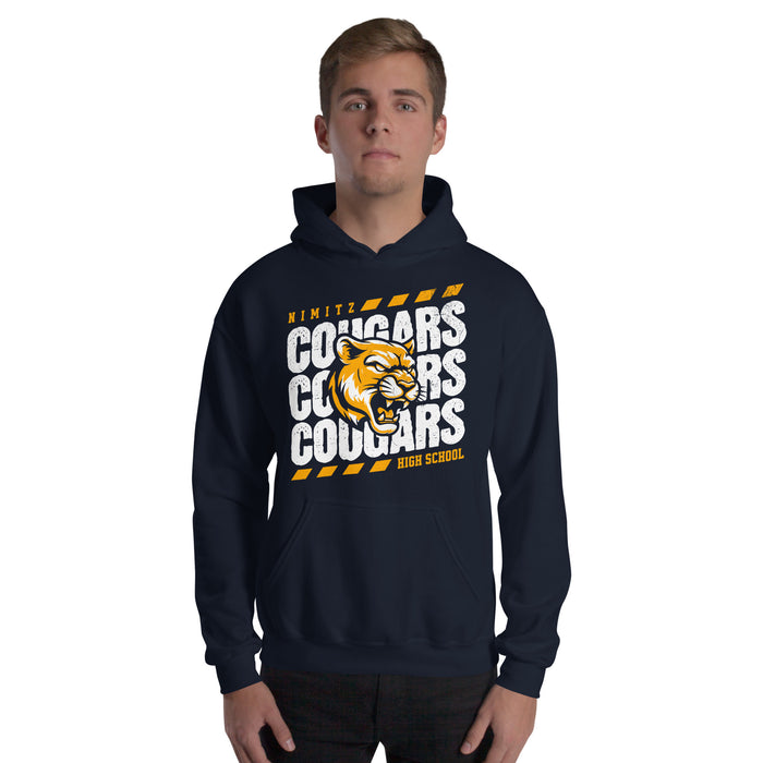 Man wearing Nimitz High School Cougars Navy Blue Classic Unisex Hoodie 223