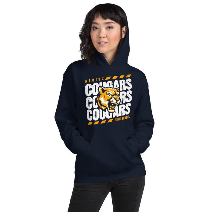 Woman wearing Nimitz High School Cougars Navy Blue Classic Unisex Hoodie 223