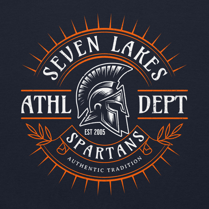 Close-up view of Seven Lakes High School Spartans Navy Classic Unisex Hoodie 201