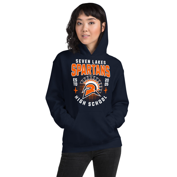 Woman wearing Seven Lakes High School Spartans Navy Classic Unisex Hoodie 204