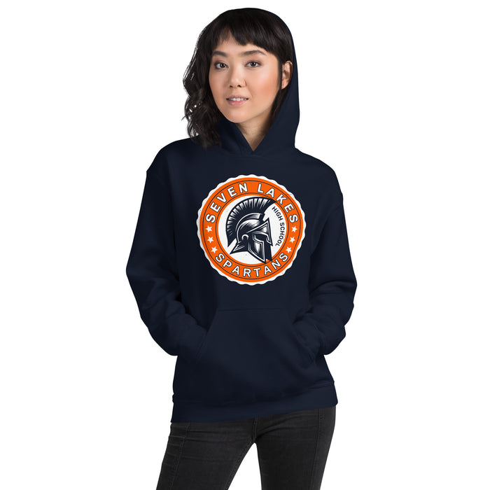 Woman wearing Seven Lakes High School Spartans Navy Classic Unisex Hoodie 216